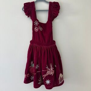 Monsoon Girls Burgundy Velvet Holiday Pinafore‎ Dress Reindeer Sleigh 3-4 Years